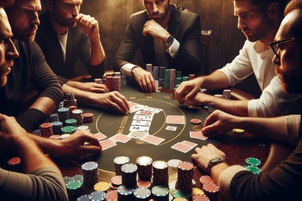 A Five-Card Draw hand is dealt onto a green felt table, signifying the skill and thrill of playing draw poker.